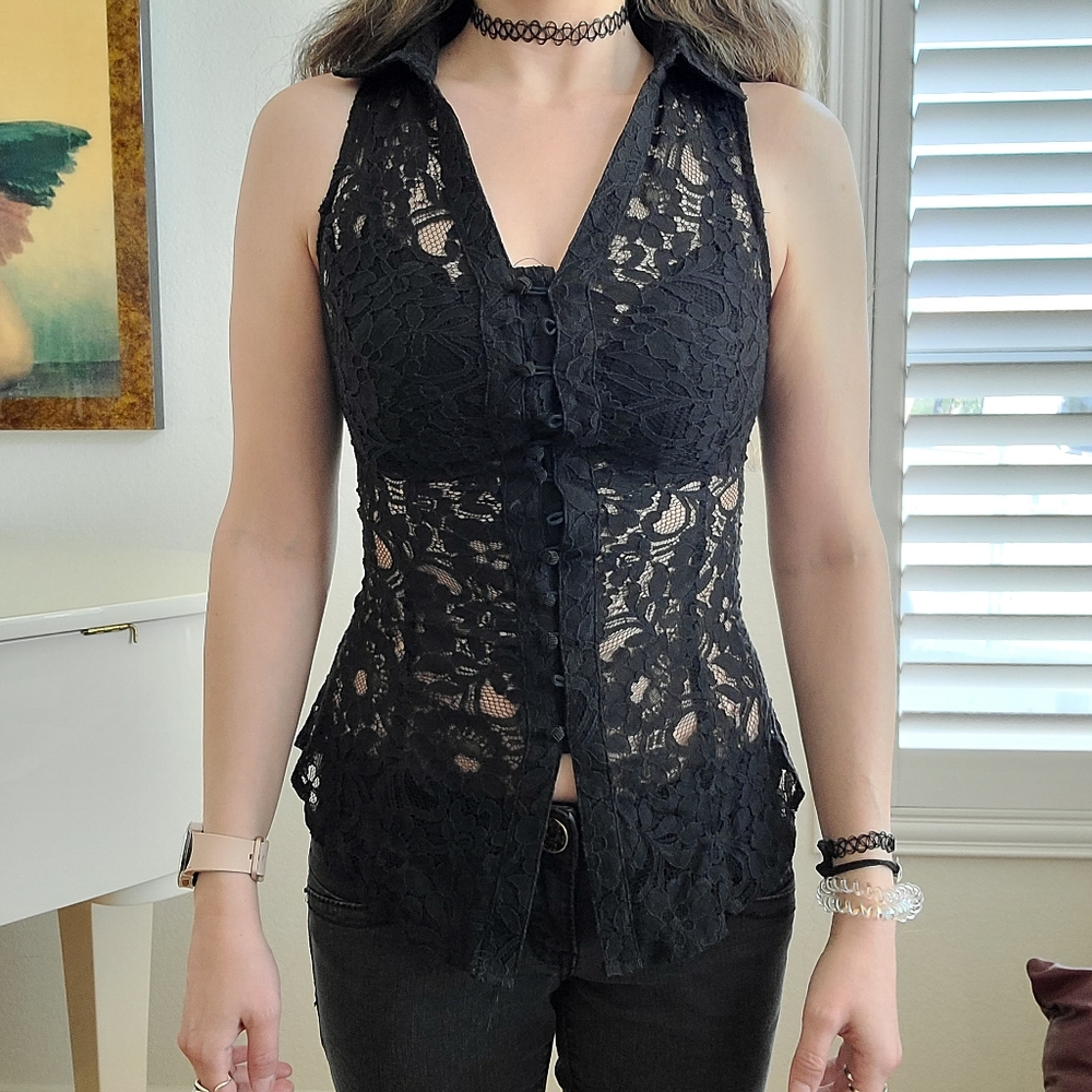 Lace-Up Button-Up Sleeveless Black Lace Blouse